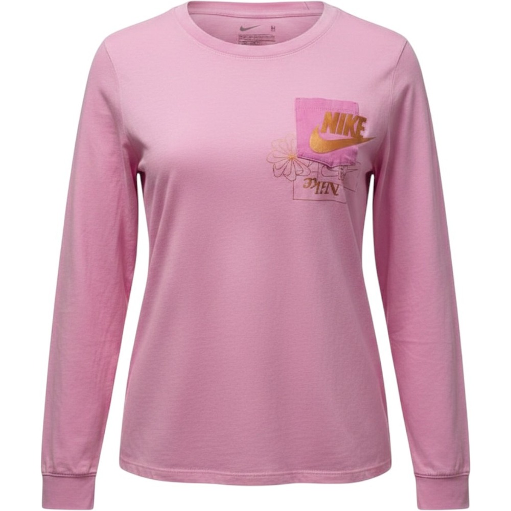 Nike NSW Icon Clash PKT Pink Rose Gold Floral Long Sleeve Graphic T-Shirt Large